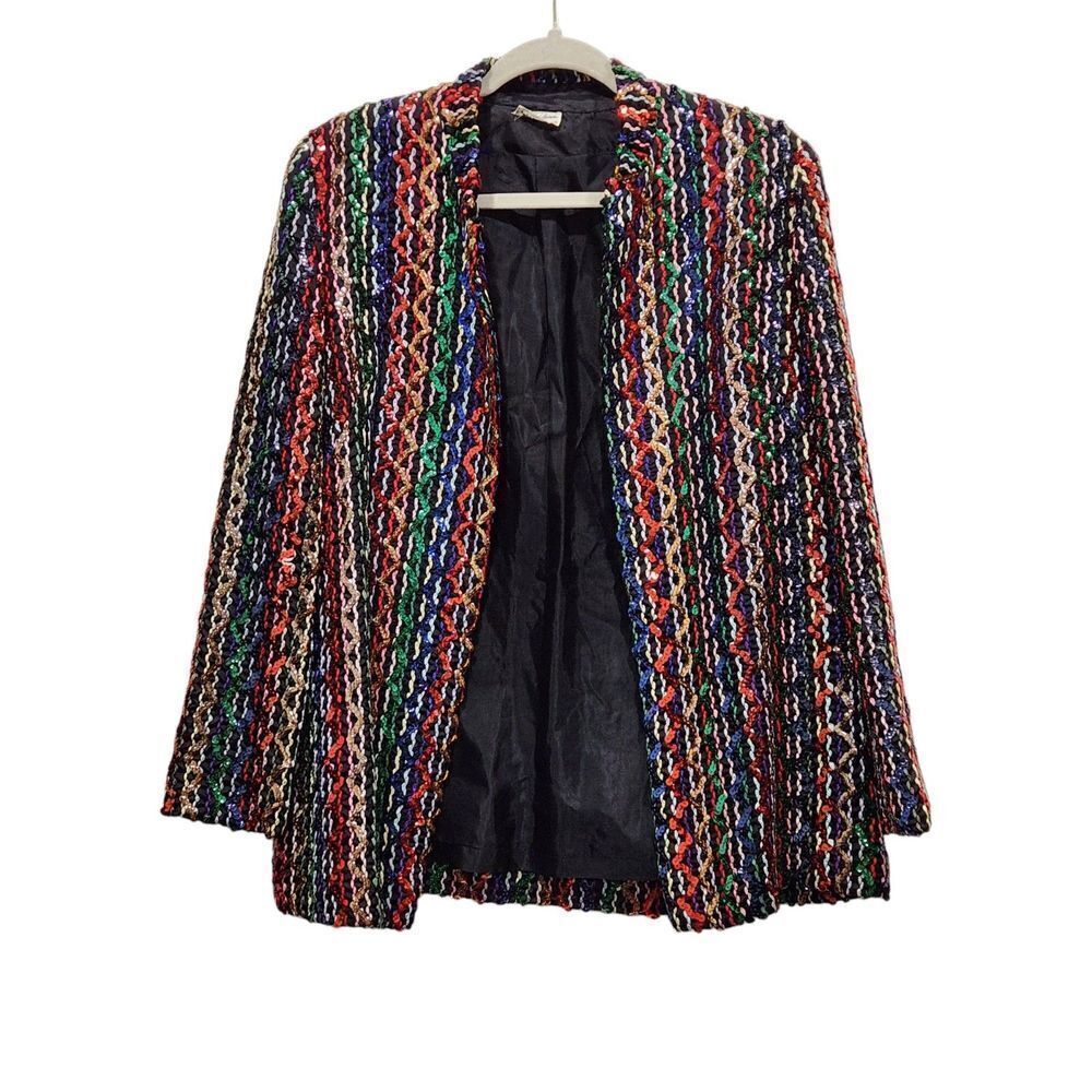 Vintage 70s Sax Fifth Avenue Rainbow Striped Sequin Evening Jacket, S/M